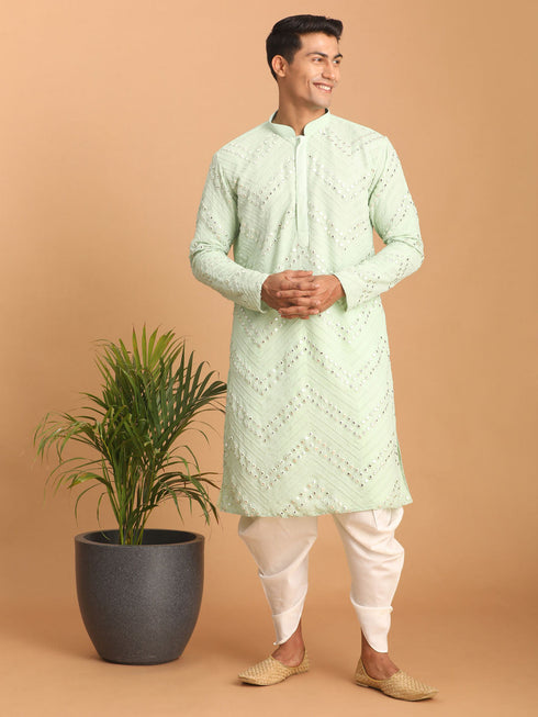 Vastramay Men's Mint Green Mirror Kurta Dhoti Set